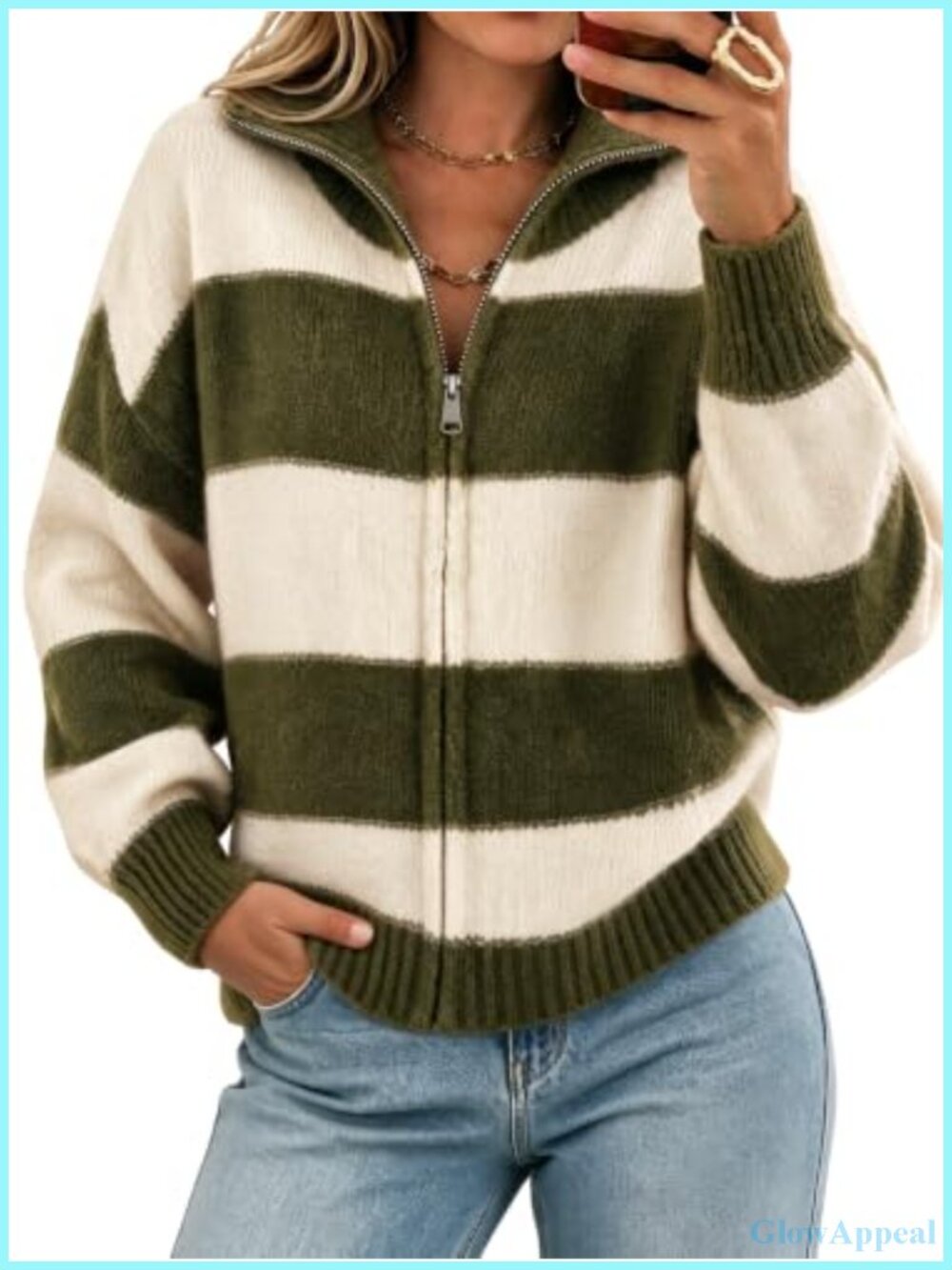 Striped Color Block Zip Up Cardigan Long Sleeve Knit Sweater